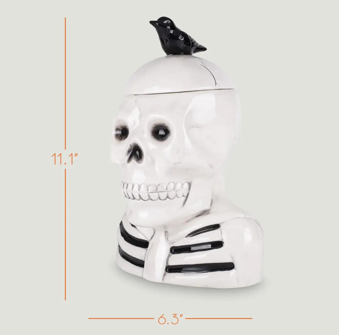 Halloween Skull Cookie Jar with Black Crow Lid - Ceramic