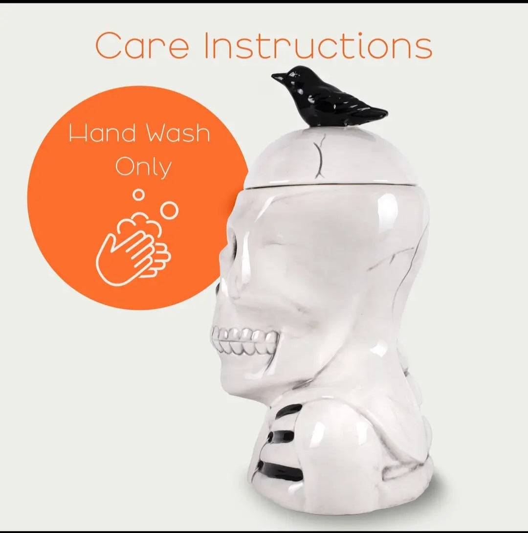 Halloween Skull Cookie Jar with Black Crow Lid - Ceramic
