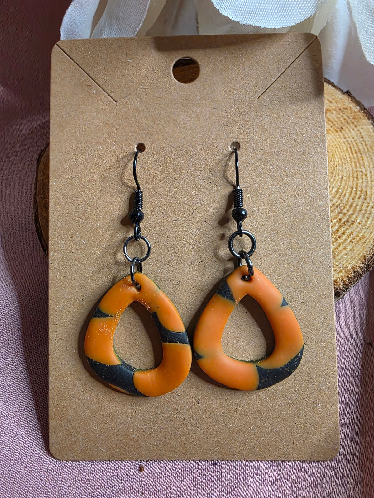 Clay Orange & Black Open Teardrop Halloween Hook Earrings