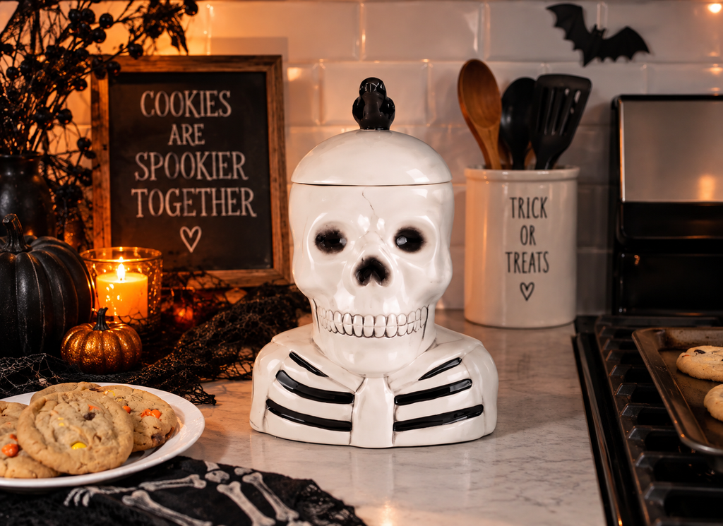 Halloween Skull Cookie Jar with Black Crow Lid - Ceramic