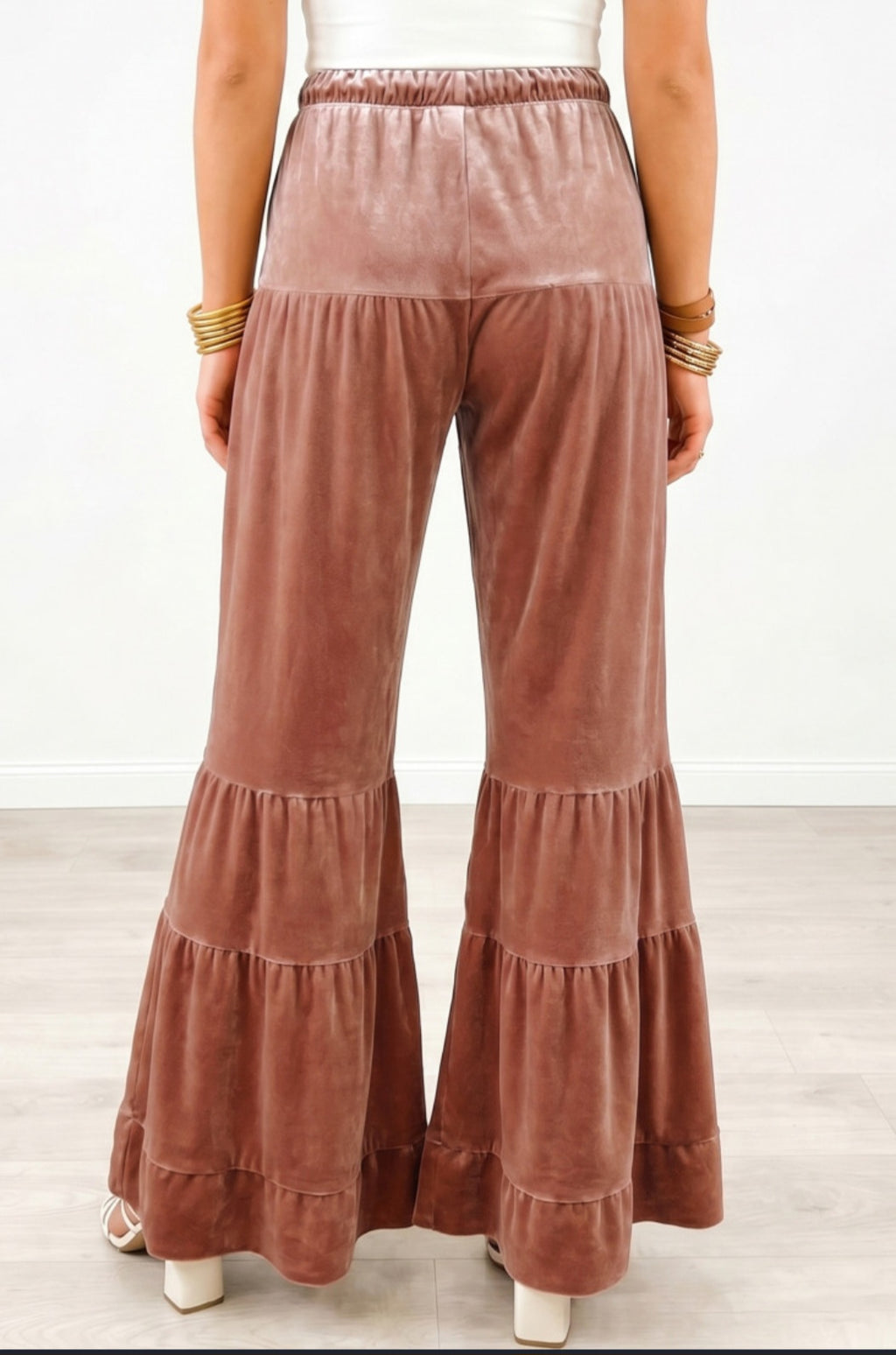 Straw Yellow Velvet Tiered Bell Bottom Pants