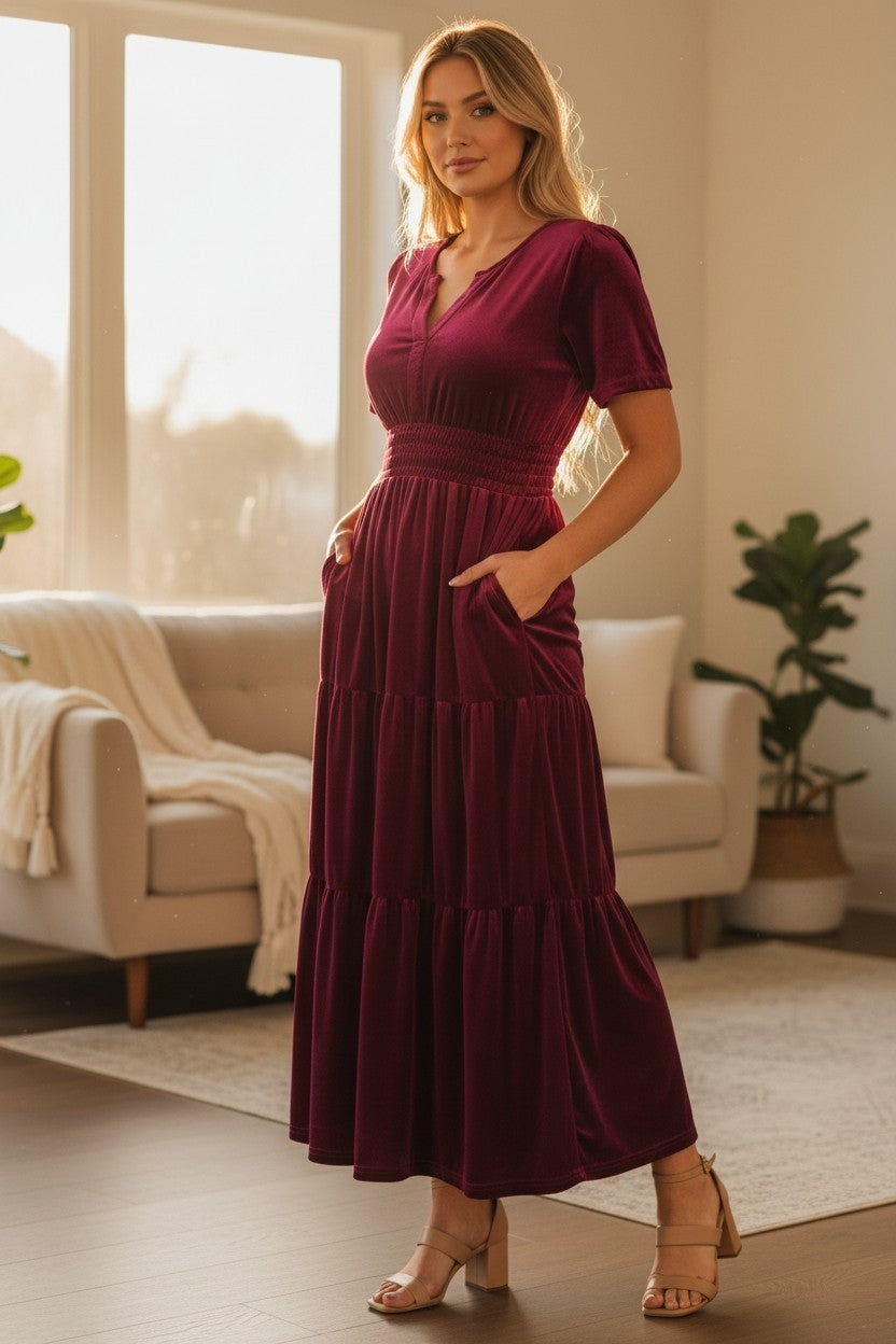 Burgundy Velvet Tiered Maxi Dress