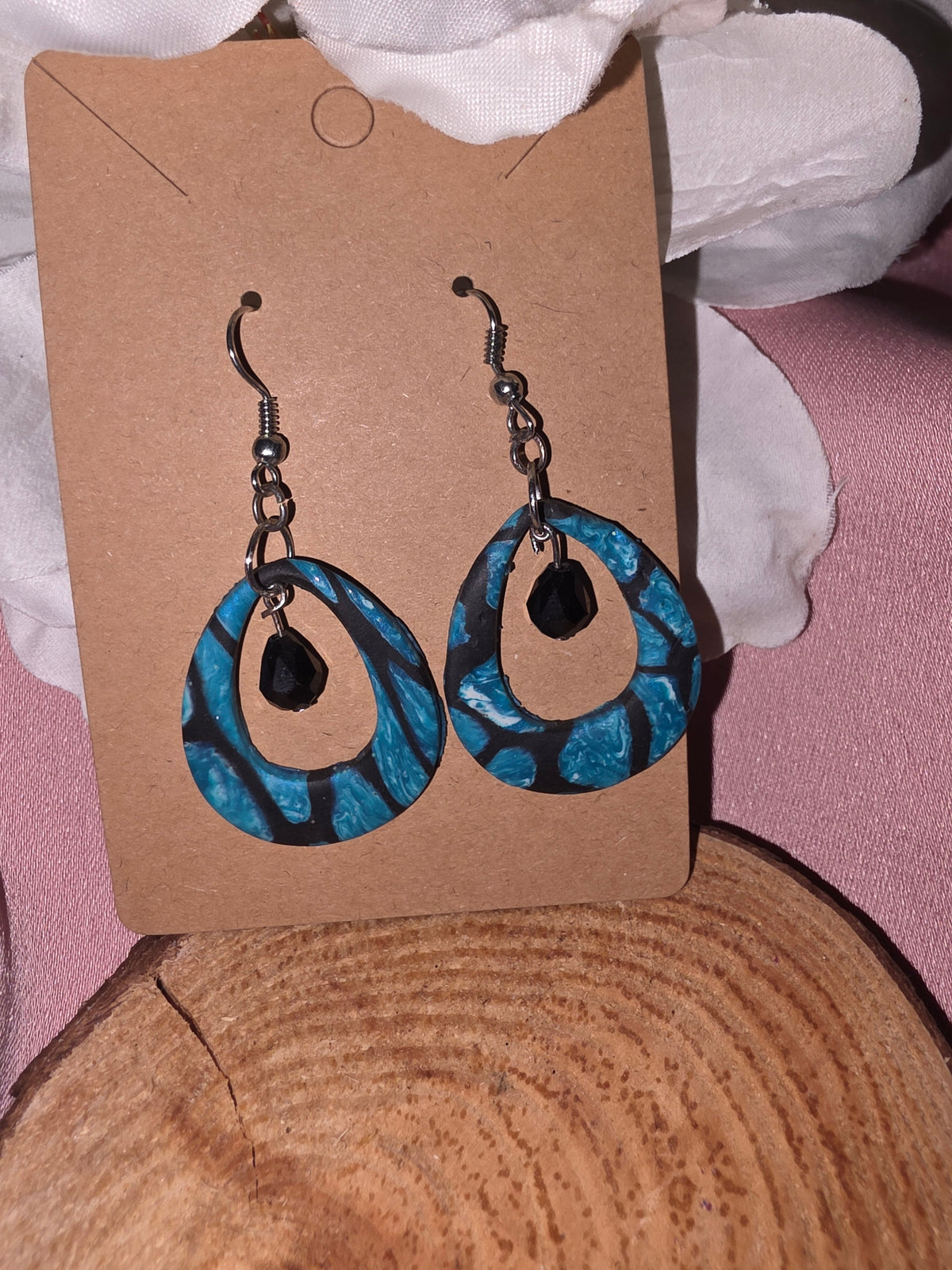 Teal Mosaic Teardrop & Black Crystal Drop Earrings