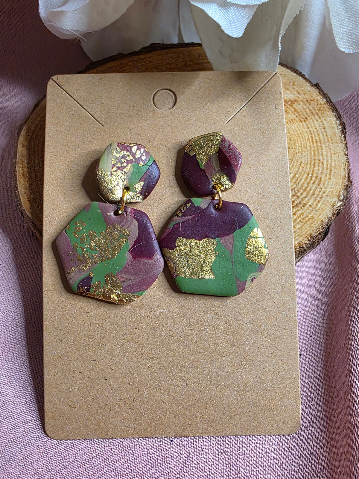 Clay Burgundy Green & Gold Foil Camo Tiered Hexagon Dangle Earrings
