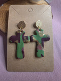 Clay Green Burgundy Gold Foil Camo Cross Dangle Earrings