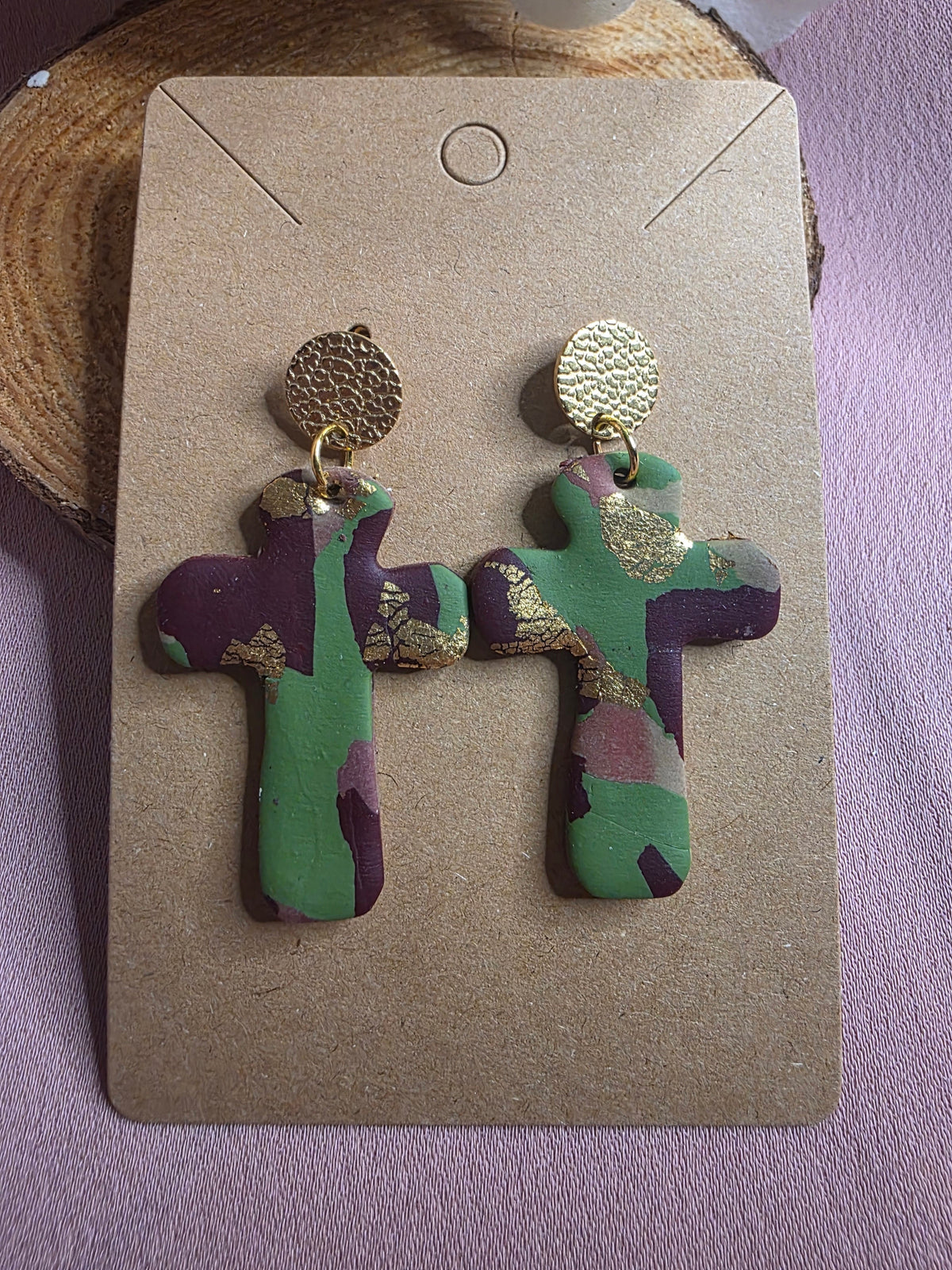 Clay Green Burgundy Gold Foil Camo Cross Dangle Earrings