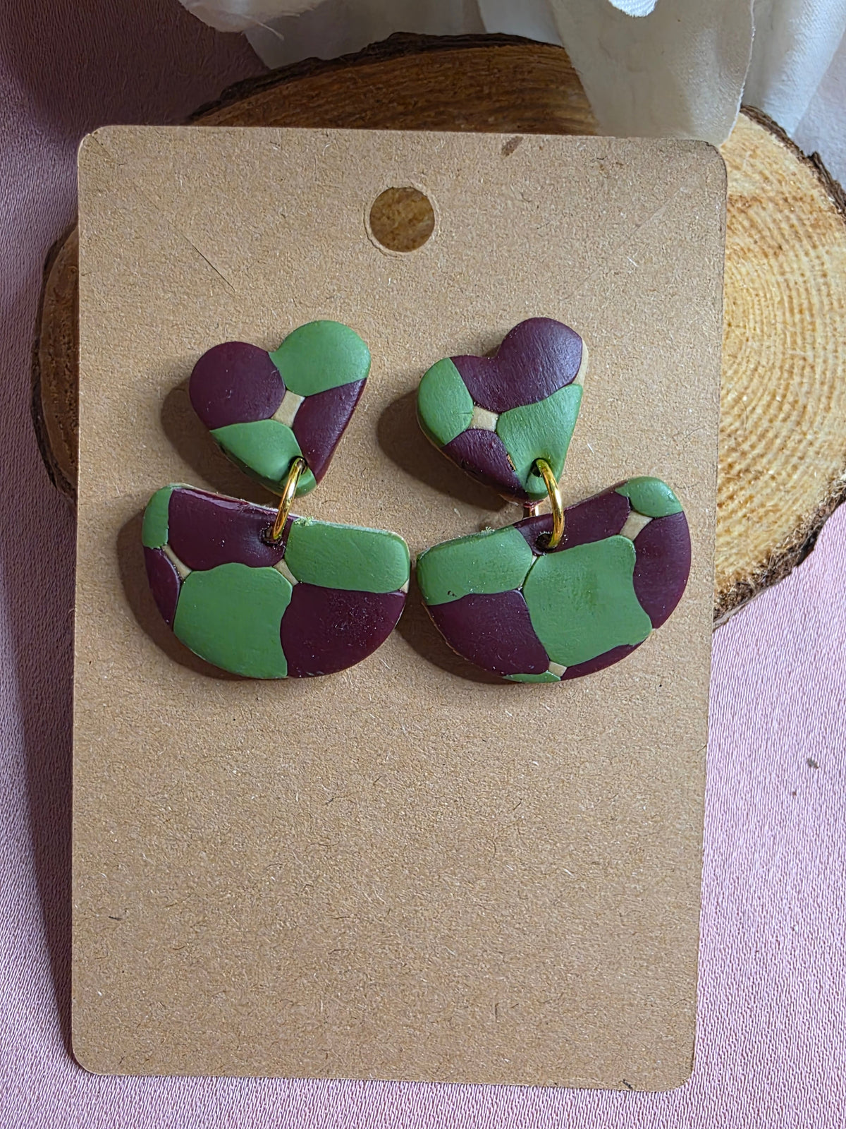 Clay Burgundy & Green Color Block Heart Dangle Earrings