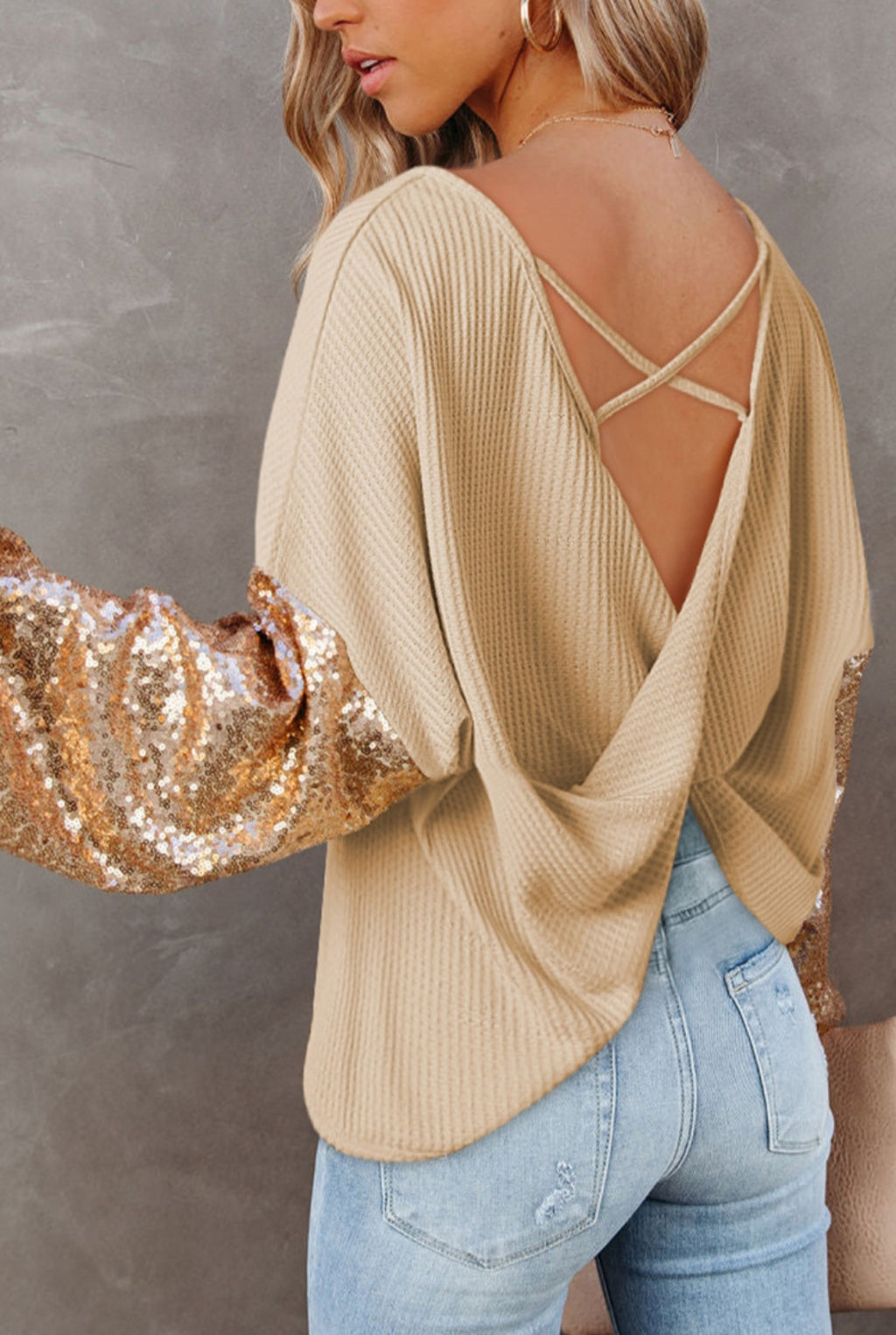 Sequin Sleeve Off-Shoulder Sweater