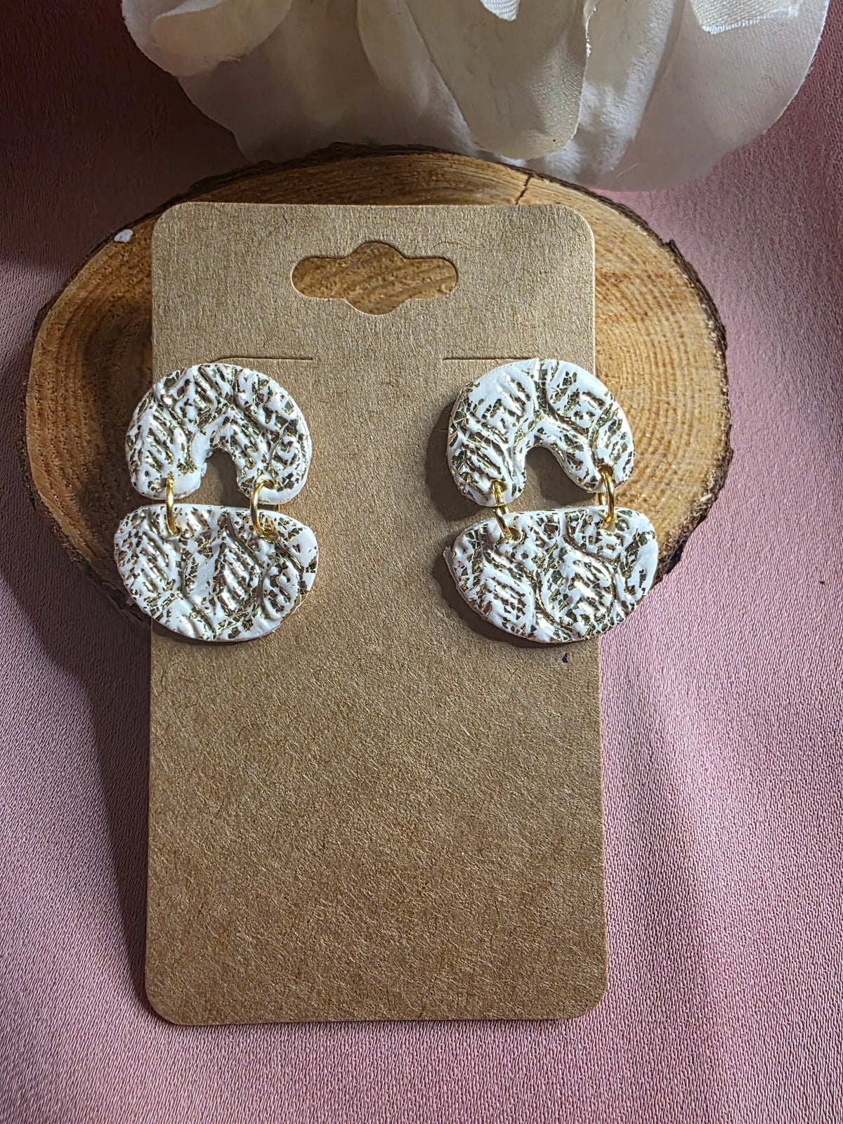 Clay White Gold Leaf Texture Crescent Dangle Earrings