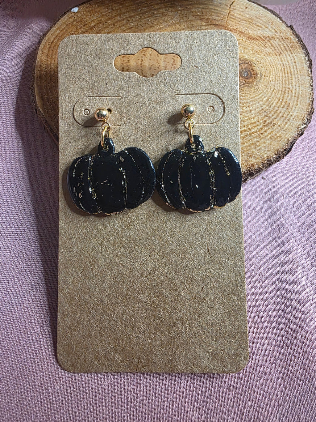 Clay Black Gold Foil Pumpkin Dangle Earrings