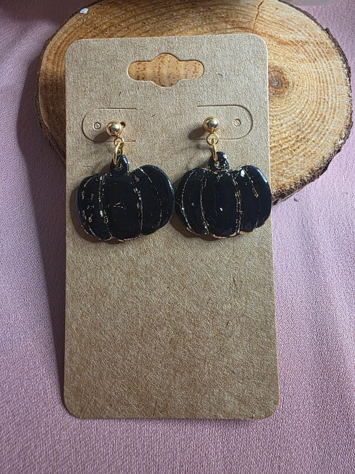 Clay Black Gold Foil Pumpkin Dangle Earrings