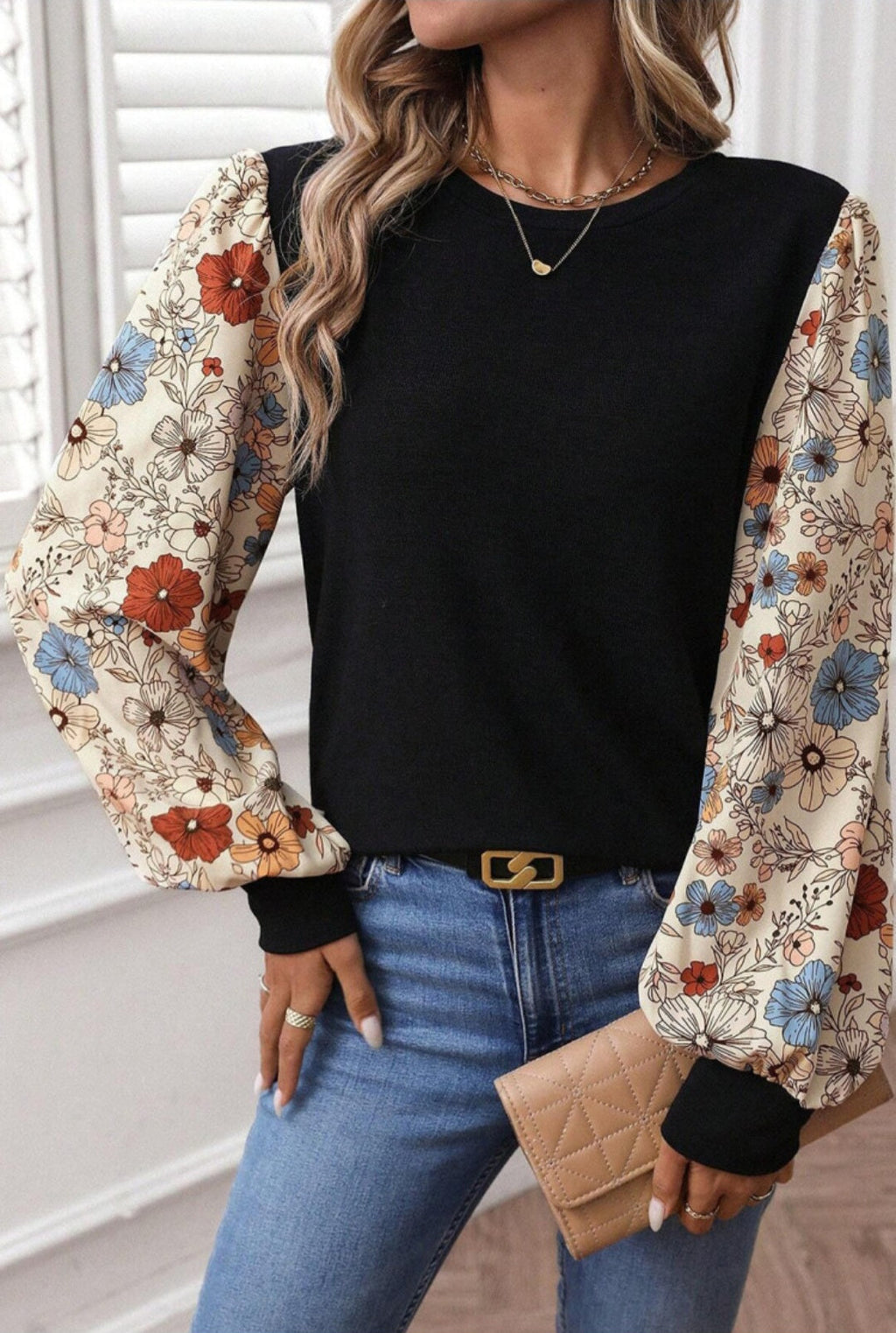 Black Floral Sleeve Sweatshirt