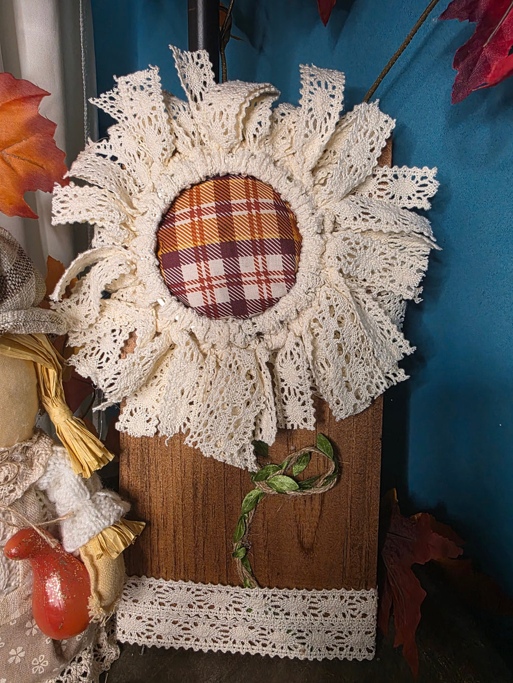 Plaid Lace Sunflower Rustic Wood Sign
