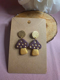 Clay Purple & Gold Mushroom Dangle Earrings