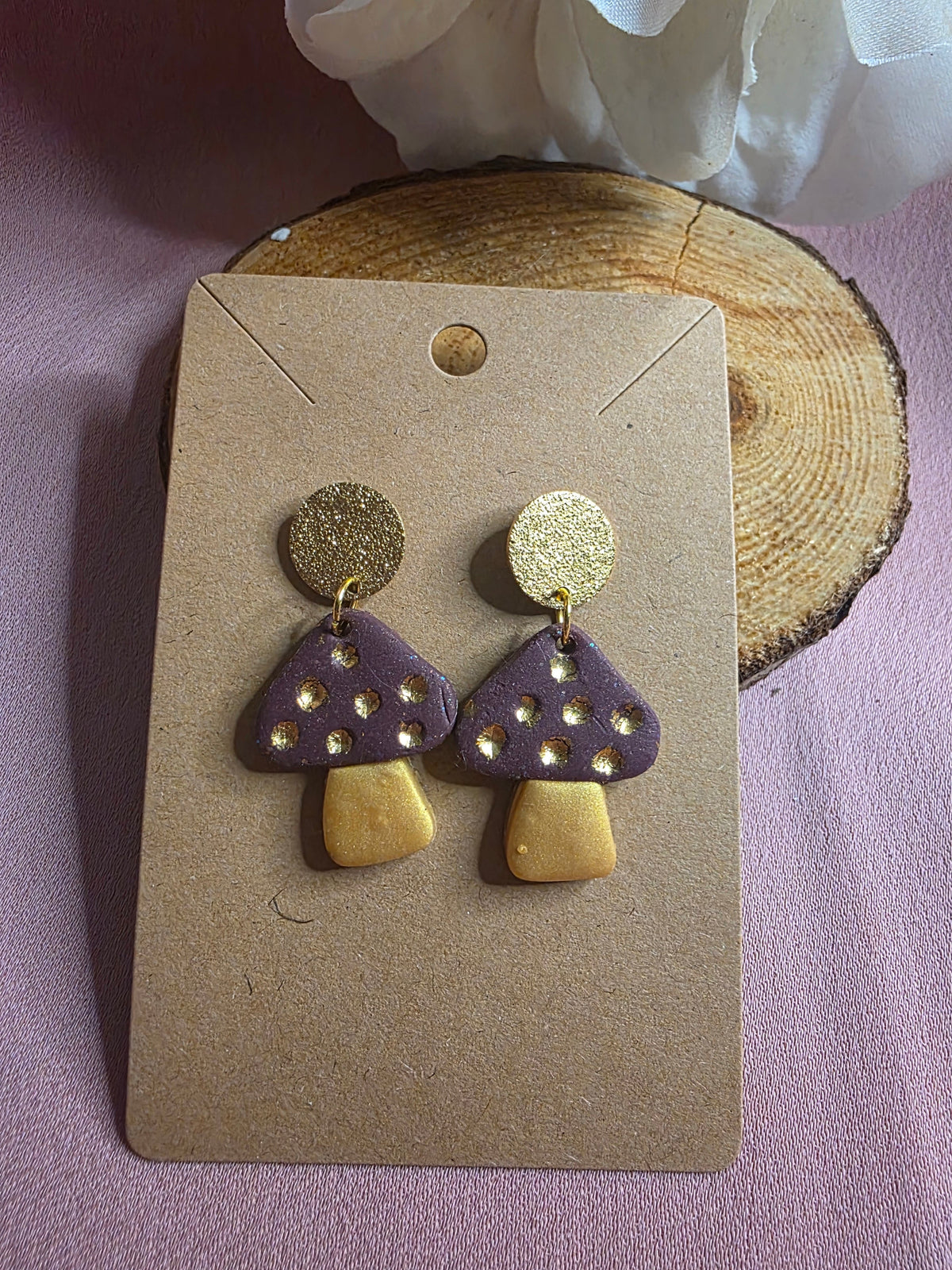 Clay Purple & Gold Mushroom Dangle Earrings