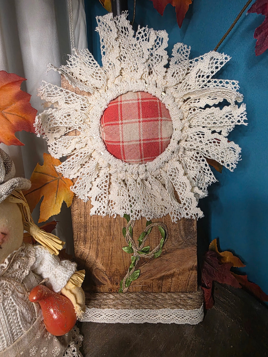 Orange Plaid Lace Sunflower Rustic Wood Sign
