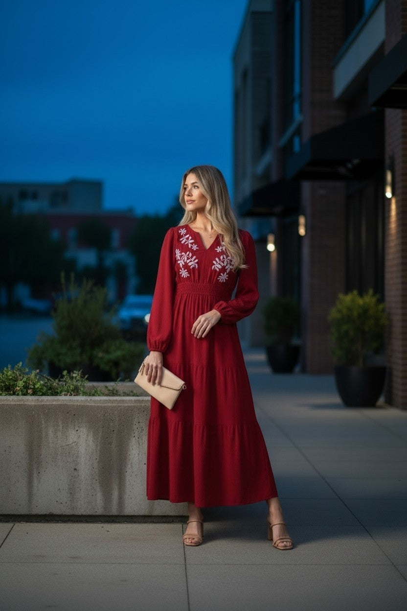 Crimson Floral Embroidered Maxi Dress