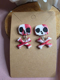 Clay Red & White Marbled Skull & Crossbones Halloween Dangle Earrings