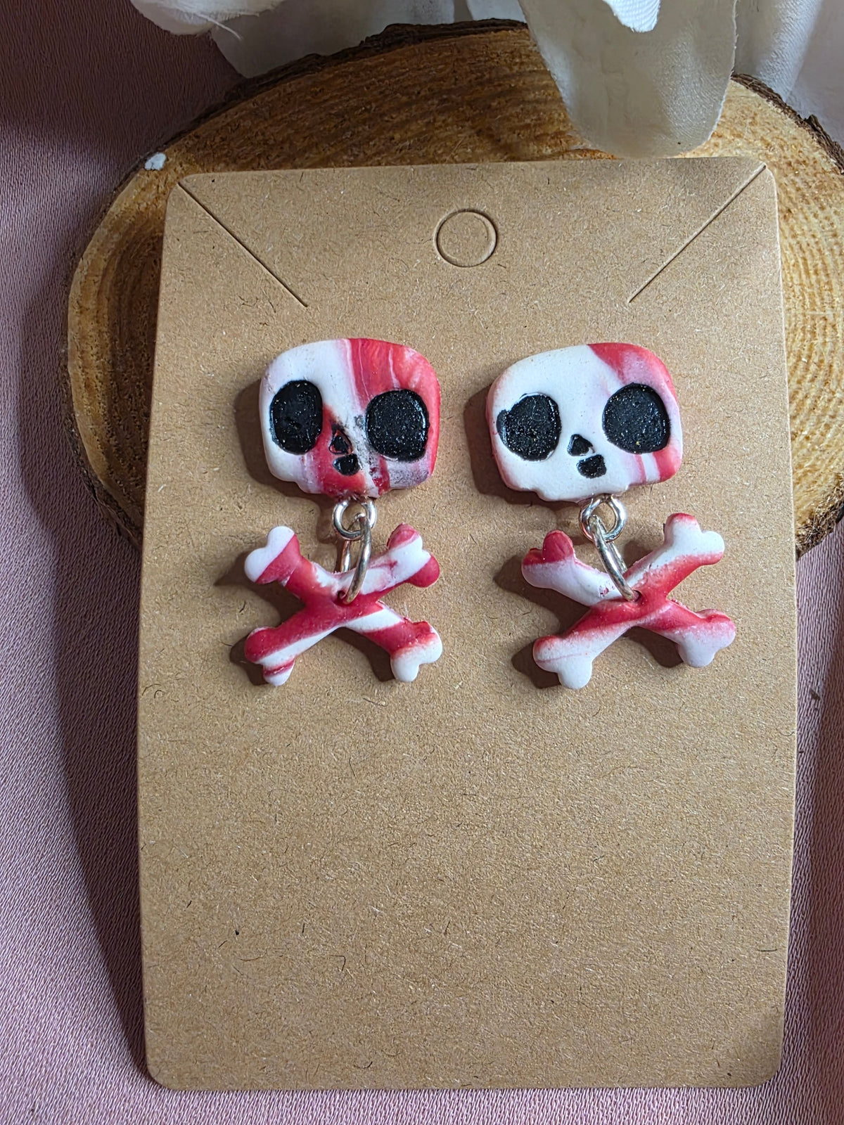 Clay Red & White Marbled Skull & Crossbones Halloween Dangle Earrings
