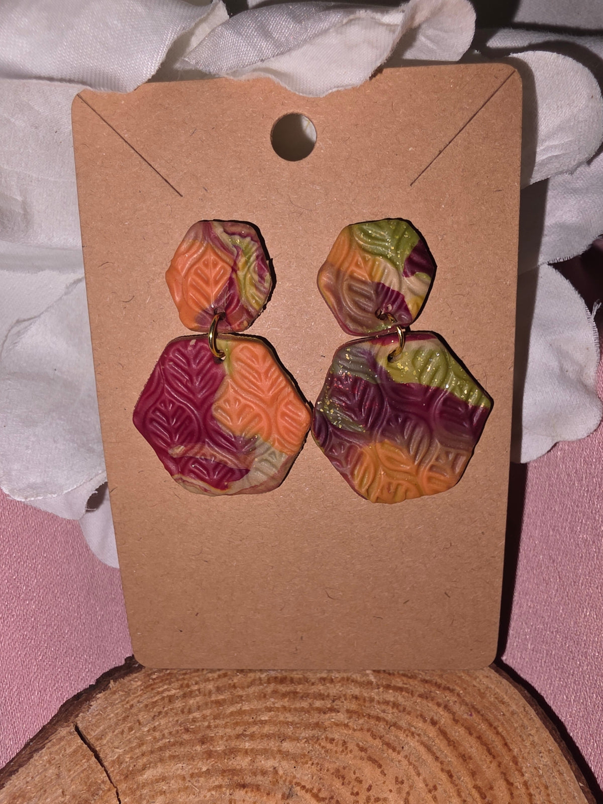 Clay Leaf-Embossed Hexagon Dangle Earrings