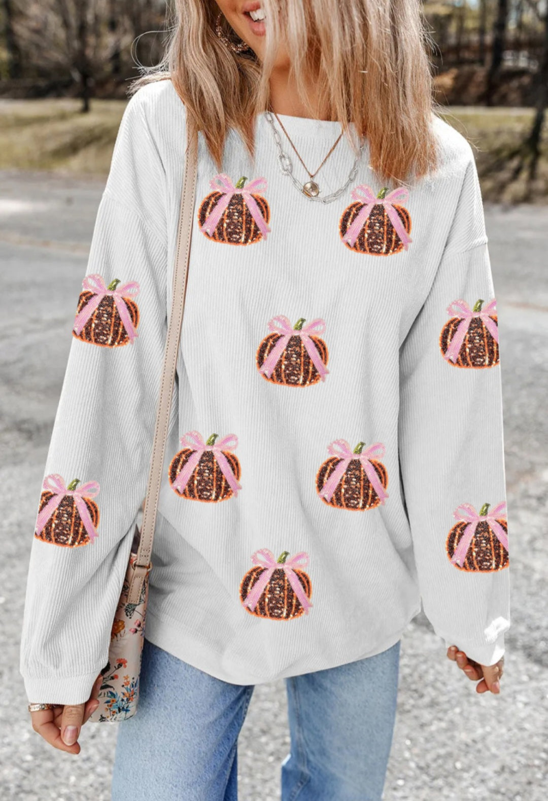 Sequin Pumpkin Bow Sweatshirt