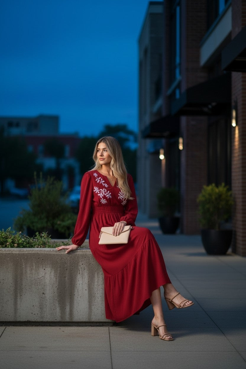 Model wearing a crimson floral embroidered maxi dress with long sleeves and smocked waist