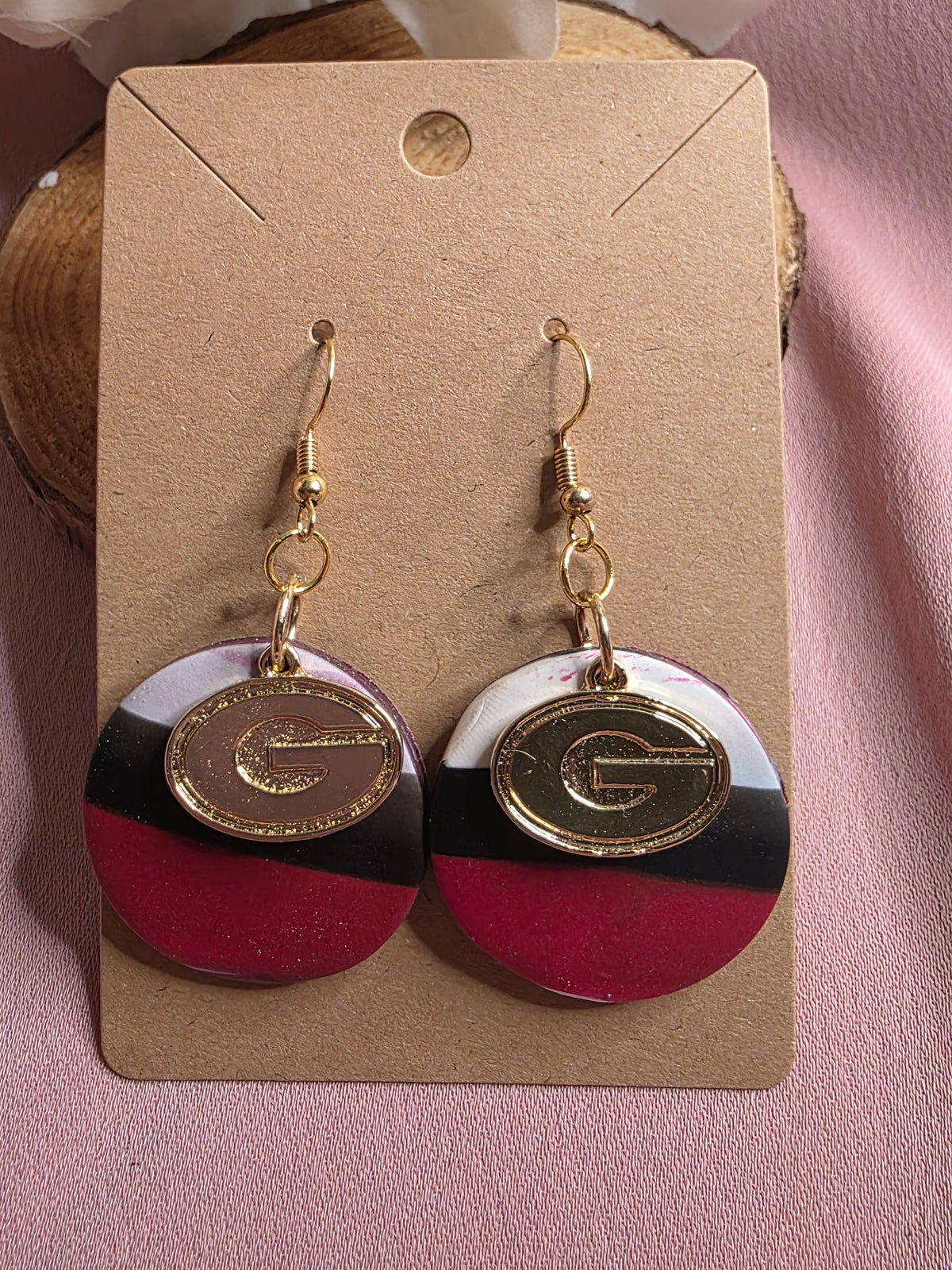 UGA Bulldogs Red Black & White Stripe Clay Disc Hook Earrings with Gold G Charm