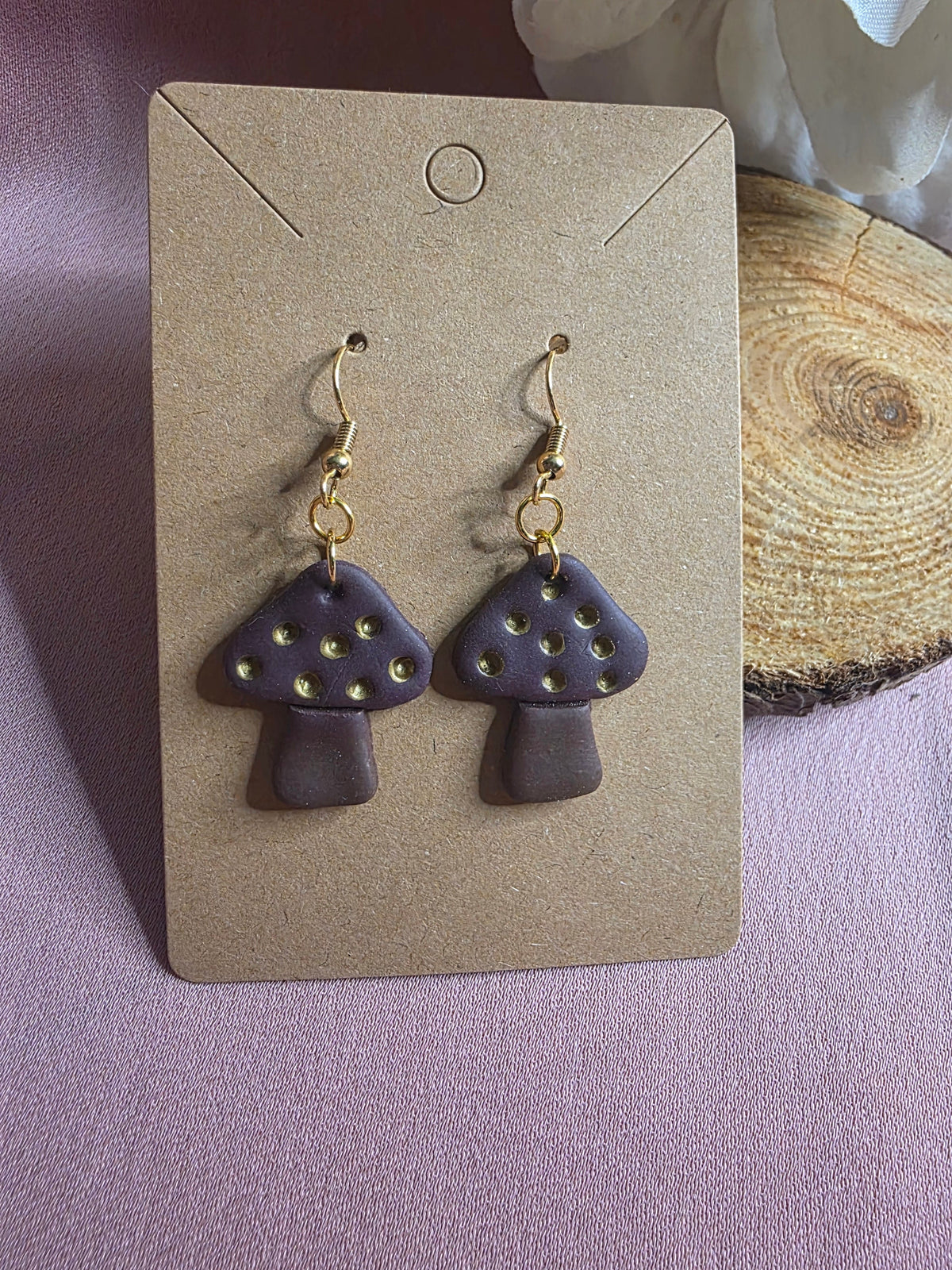 Clay Burgundy Gold Dot Mushroom Hook Earrings