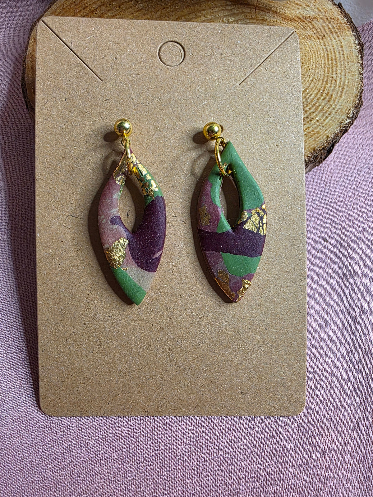 Clay Burgundy Green & Gold Foil Camo Open Marquise Dangle Earrings