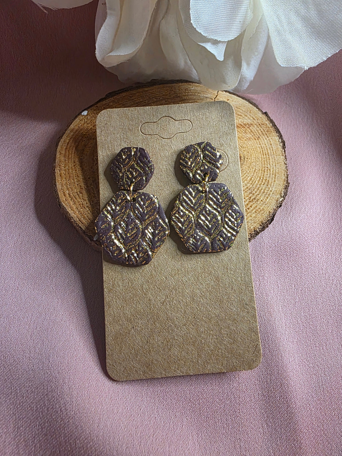 Clay Mauve Gold Leaf Texture Hexagon Dangle Earrings