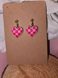Pink Checkered Heart Drop Earrings