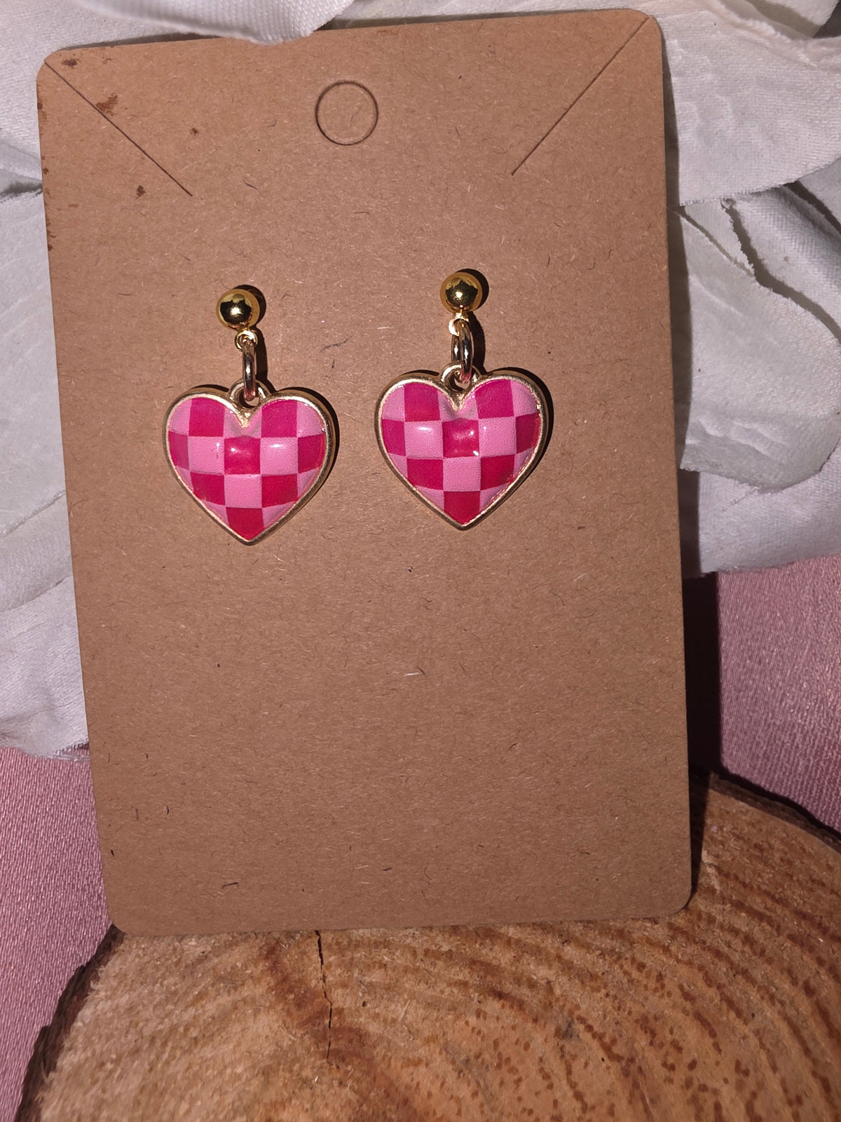 Pink Checkered Heart Drop Earrings