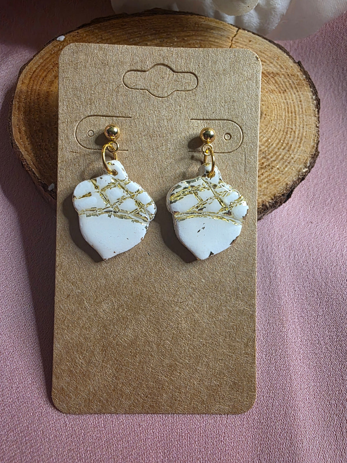 Clay White Gold Foil Leaf Dangle Earrings