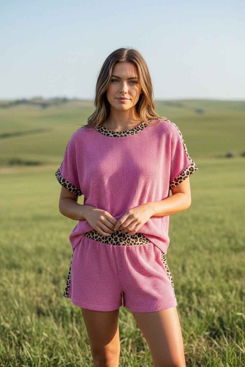 Pink Ribbed Leopard Trim Lounge Set