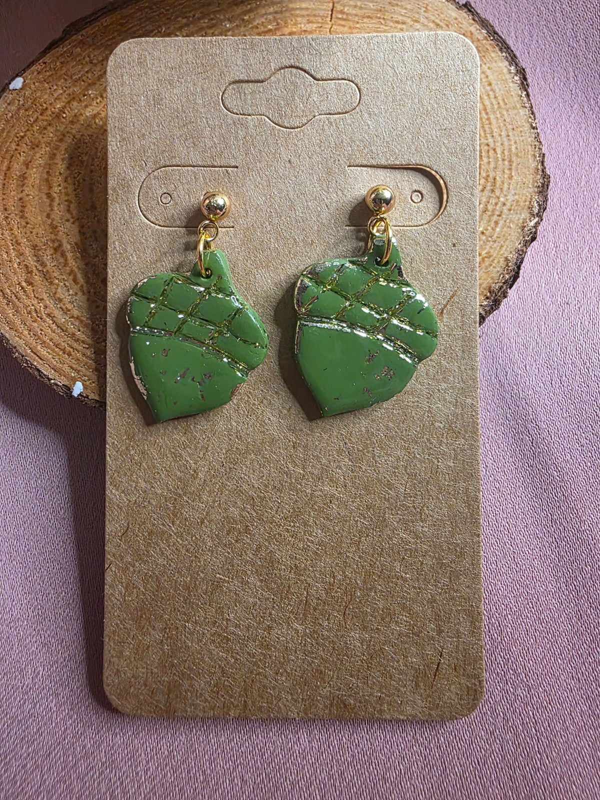 Clay Green Gold Foil Acorn Dangle Earrings