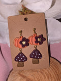 Clay Pumpkin Burgundy Flower & Mushroom Dangle Earrings