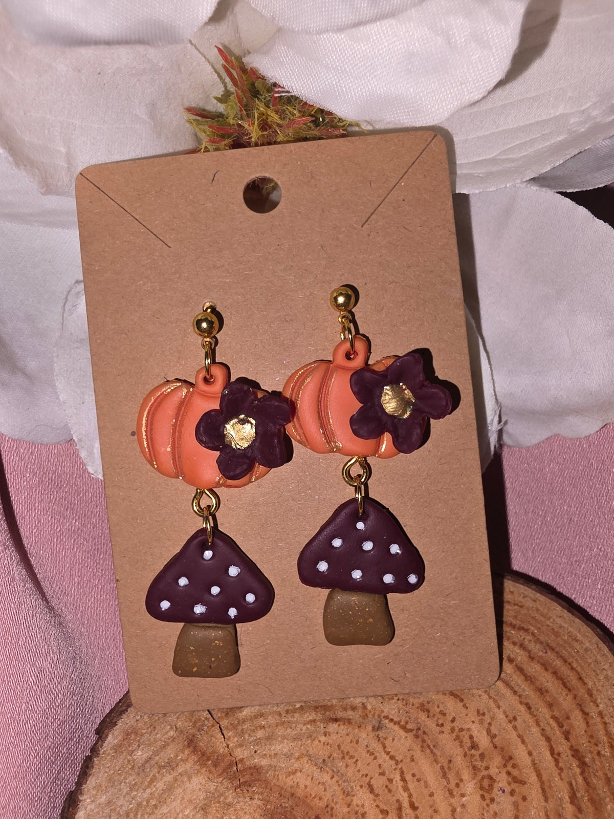 Clay Pumpkin Burgundy Flower & Mushroom Dangle Earrings