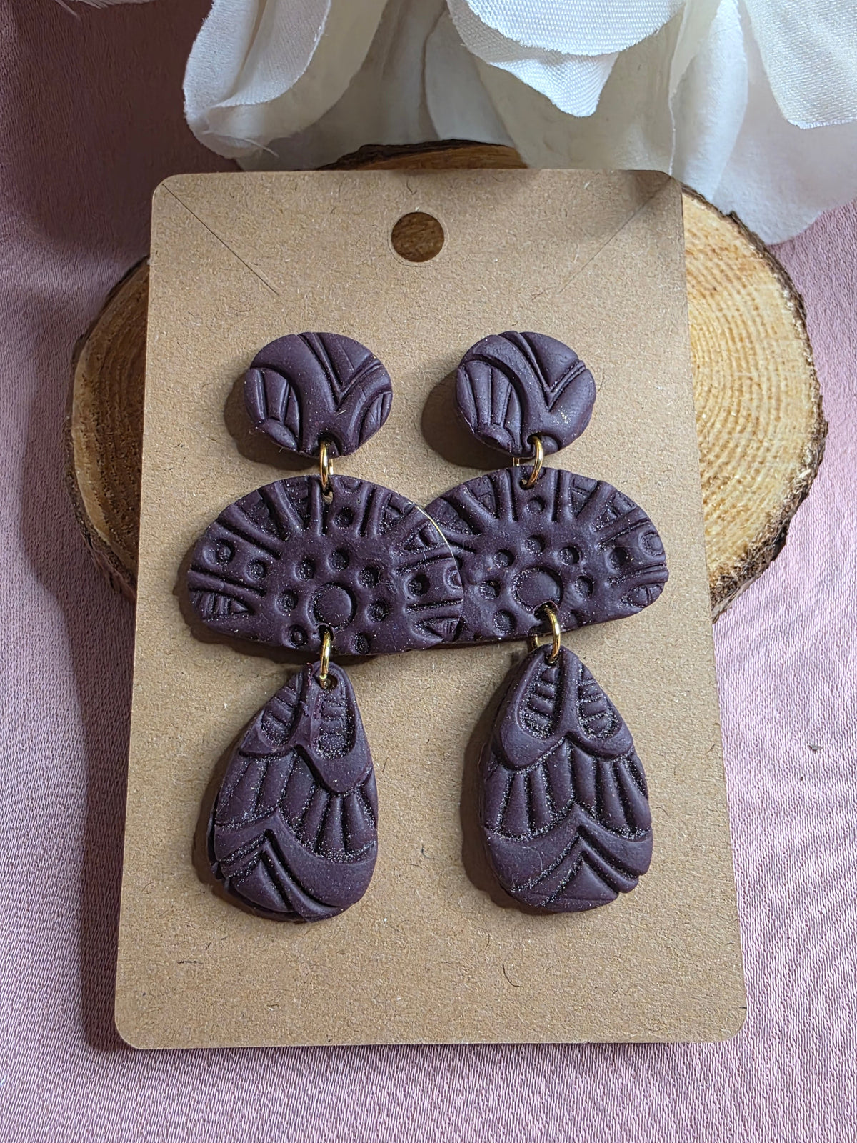 Clay Dark Purple Embossed Tiered Statement Dangle Earrings