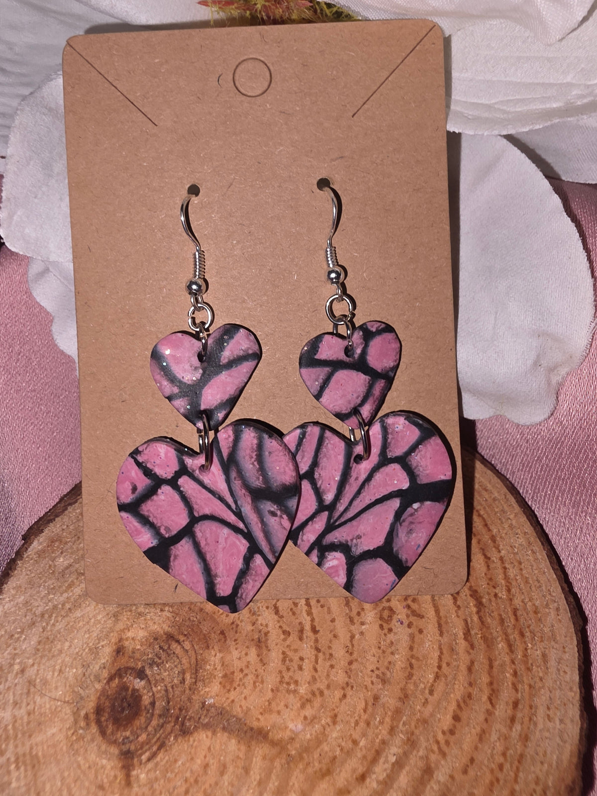 Pink Snakeskin Double Heart Drop Earrings