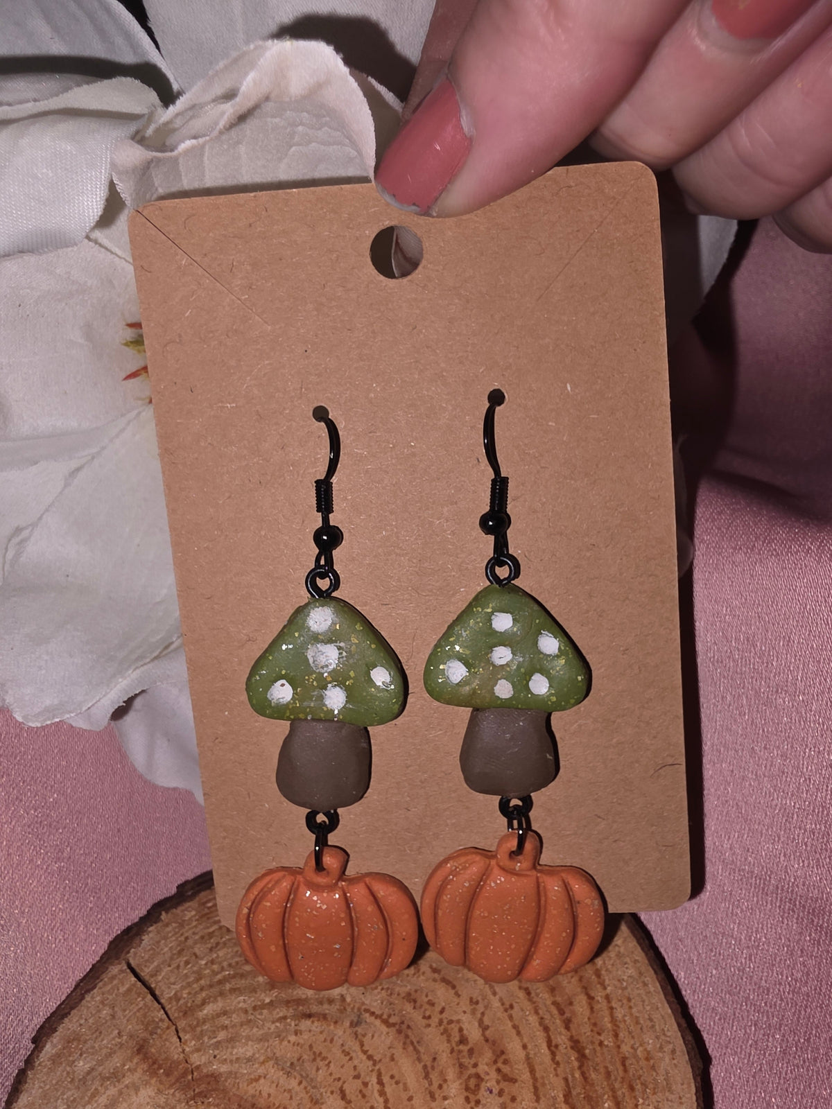 Clay Green Mushroom & Pumpkin Dangle Earrings