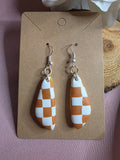 Clay Orange & White Checkered Teardrop Hook Earrings