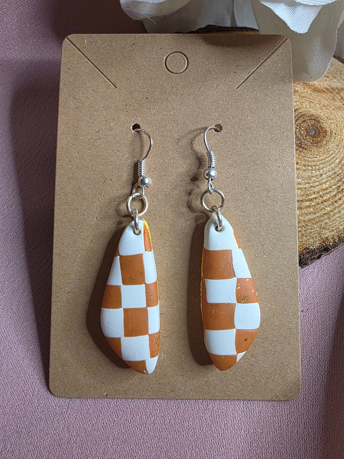 Clay Orange & White Checkered Teardrop Hook Earrings