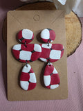 Clay Red & White Checkered Three-Tier Statement Dangle Earrings