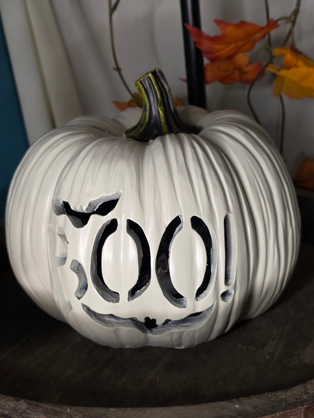 BOO! White Carved Pumpkin Decoration