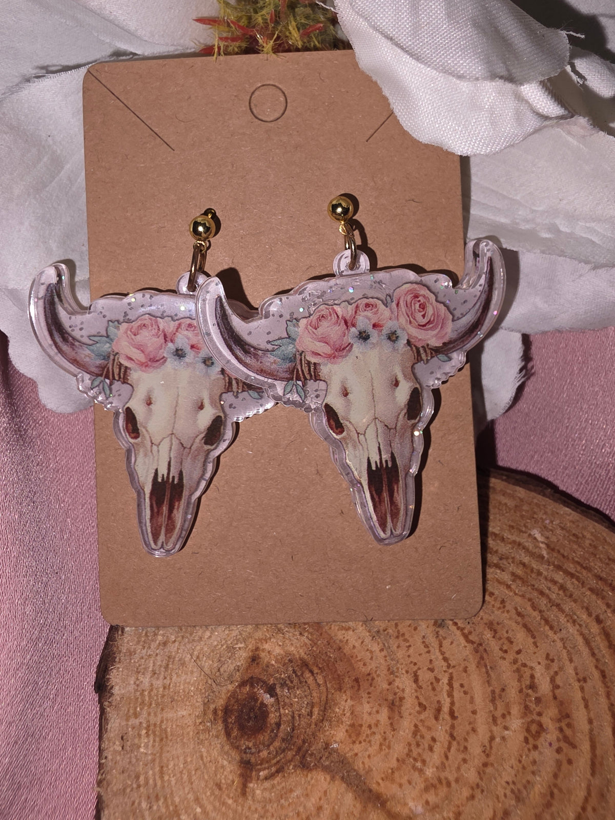 Floral Bull Skull Drop Earrings