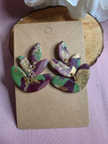 Clay Burgundy Green Gold Foil Camo Leaf Cluster Dangle Earrings