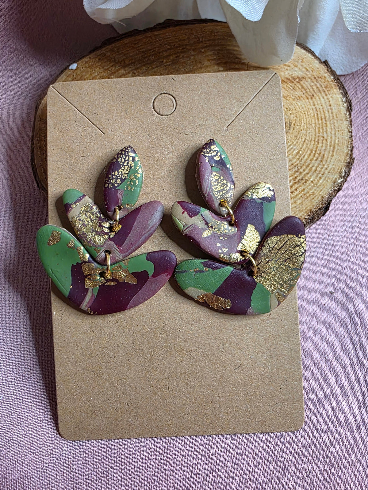 Clay Burgundy Green Gold Foil Camo Leaf Cluster Dangle Earrings