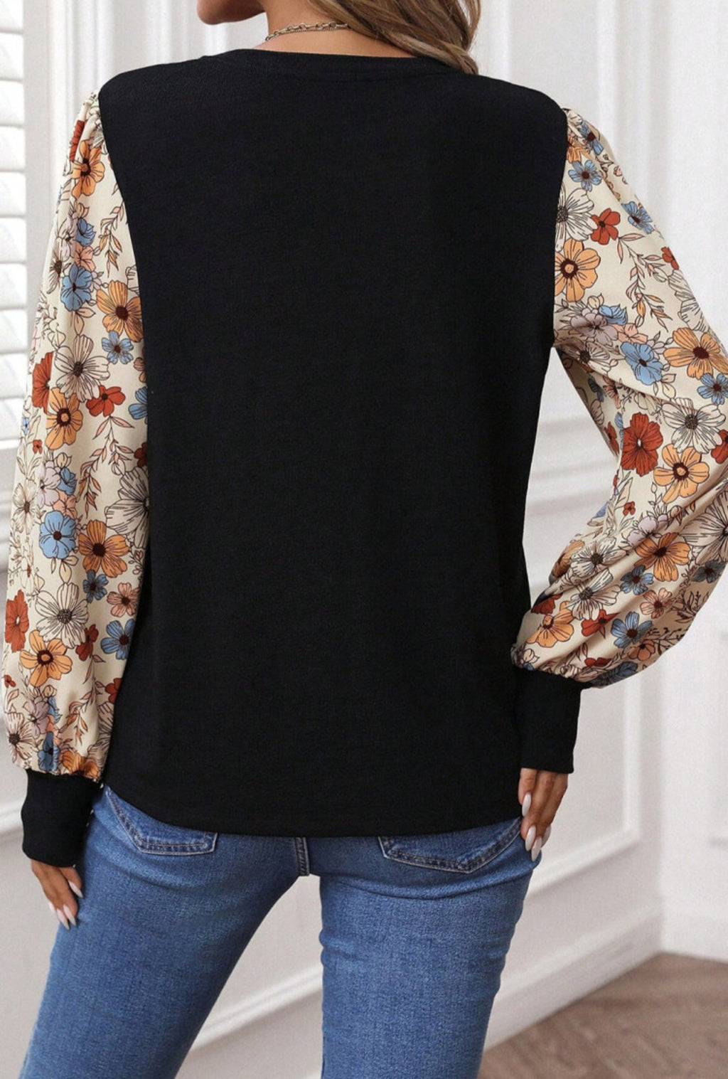 Black Floral Sleeve Sweatshirt