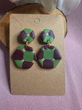 Clay Burgundy & Green Color Block Hexagon Dangle Earrings
