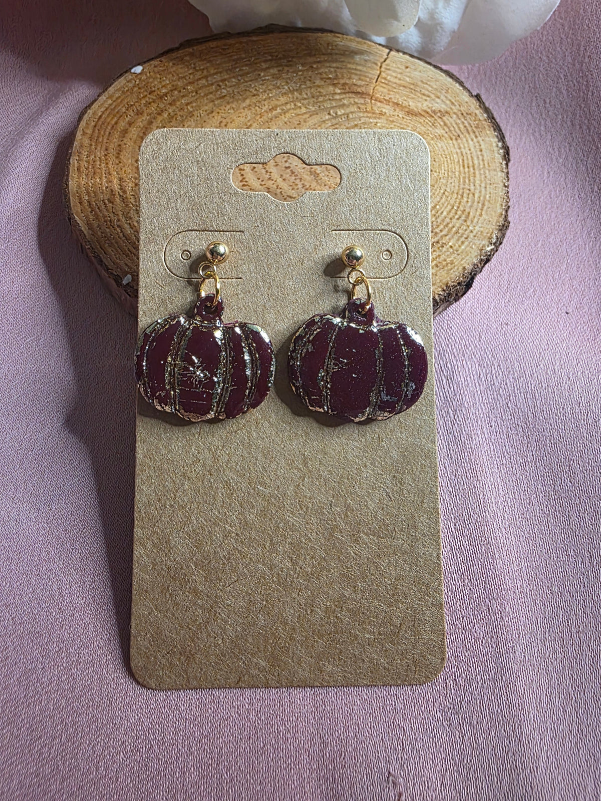 Clay Burgundy Gold Foil Pumpkin Dangle Earrings